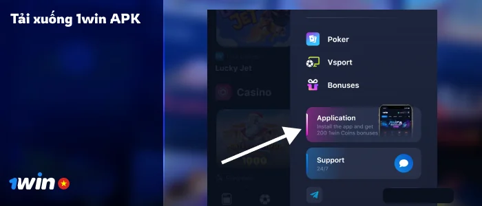 Nhấp vào nút 'Tải xuống cho Android' trong menu bên hoặc ở cuối 1Win Vietnam
