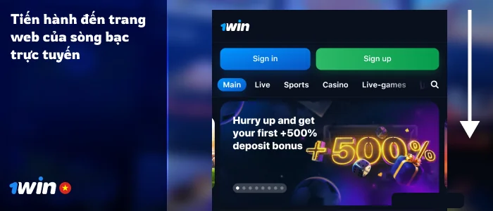 Mở trang web 1Win và cuộn xuống cuối trang