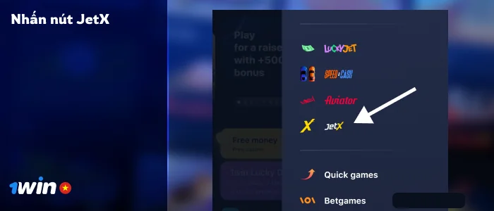 Tìm Nút JetX trong Menu Bên 1Win
