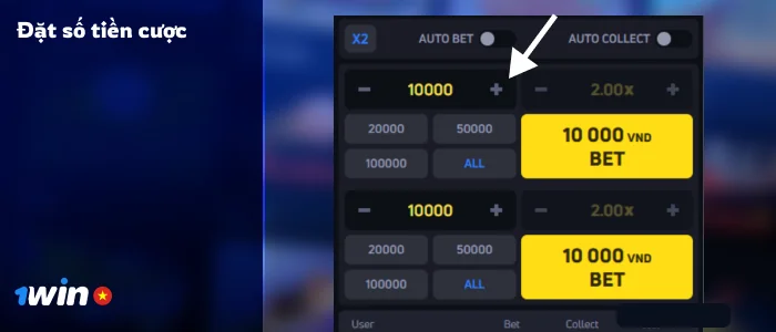 Đặt số tiền cược bằng nút cộng và trừ - 1Win JetX