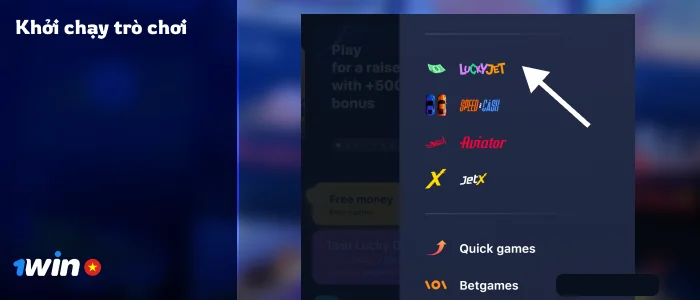 Tìm Lucky Jet trong Menu phụ 1Win