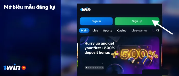 Để đăng ký tại 1Win, hãy nhấn nút 'Đăng ký' màu xanh lá cây