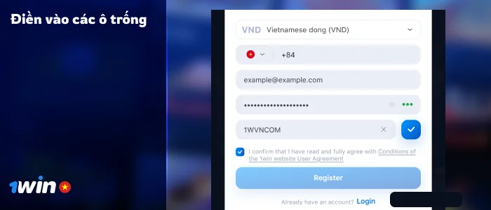 Chọn loại tiền tệ, điền email và số điện thoại cá nhân - 1Win VN