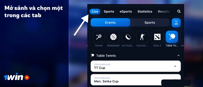 Chọn tab Cược trực tiếp tại 1Win