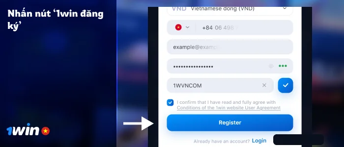Nhấn 'Đăng ký' để hoàn tất thủ tục đăng ký tại 1Win