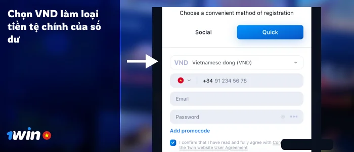 Chọn loại tiền tệ - đồng Việt Nam có sẵn - 1Win