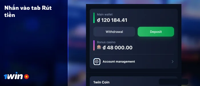 Nhấp vào nút 'Rút tiền' tại Trang hồ sơ người dùng tại 1Win