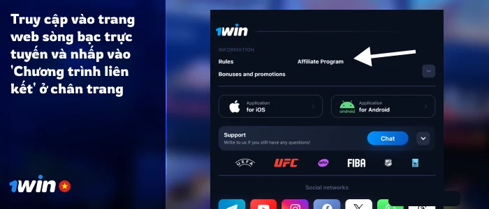 Nhấp vào liên kết chương trình liên kết ở cuối trang web 1Win